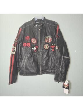 NWT Disney Parks Pixar Cars Land Leather Jacket Men L Black Cafe Racer Patches